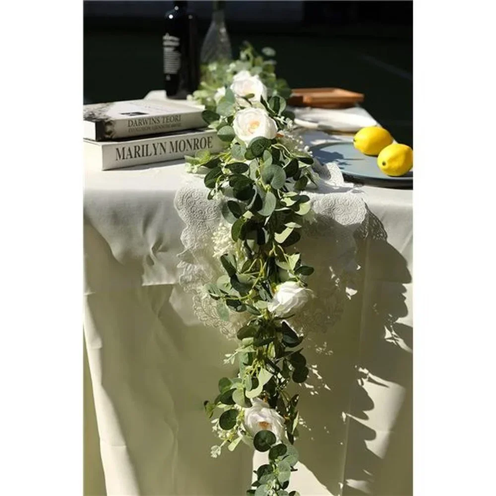 2 Pack 13Ft Artificial Eucalyptus Flower Garland with Fake Rose (White)